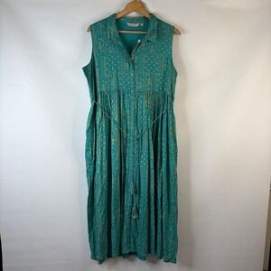Fusion Maxi Dress Women XXL Aqua Teal Gold Block Print Sleeveless Button Front